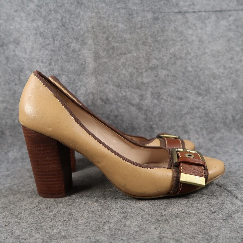 Merona Shoes Womens 9 Pumps Y2k Block Heels Buckle Round Toe Fashion Slip On Tan